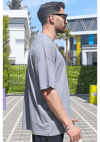 Erkek Gri Oversize Süprem %100 Pamuk Kumaş Bisiklet Yaka T-Shirt