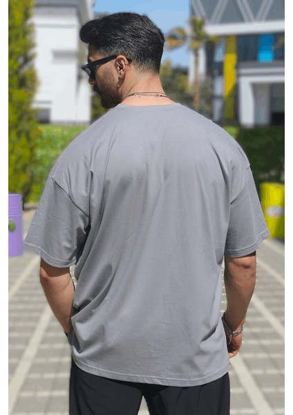 Erkek Gri Oversize Süprem %100 Pamuk Kumaş Bisiklet Yaka T-Shirt