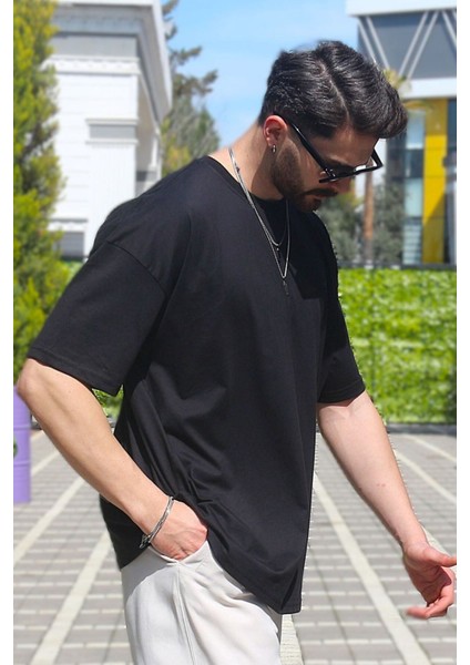 Erkek Siyah Oversize Süprem %100 Pamuk Kumaş Bisiklet Yaka T-Shirt