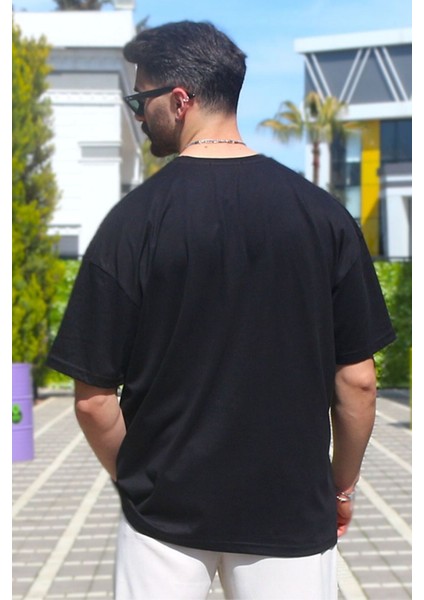 Erkek Siyah Oversize Süprem %100 Pamuk Kumaş Bisiklet Yaka T-Shirt