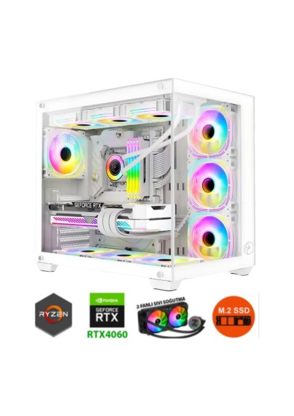 TKDEN-V43 RYZEN7-5700X 32GB Ddr4 1tb SSD RTX4060 8gb Sıvı Soğutma Oyuncu Masaüstü Bilgisayar(Beyaz)