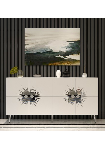 Eda Konsol Tv Sehpası Çok Amaçlı Dolap 150 cm Beyaz Gümüş