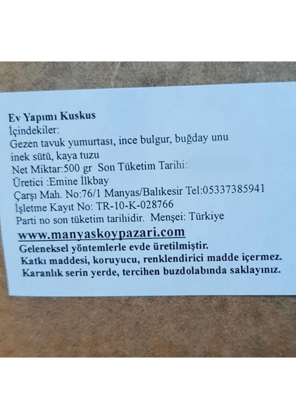 Doğal Katkısız Ev Yapımı Kuskus 500 gr'Lık Paket