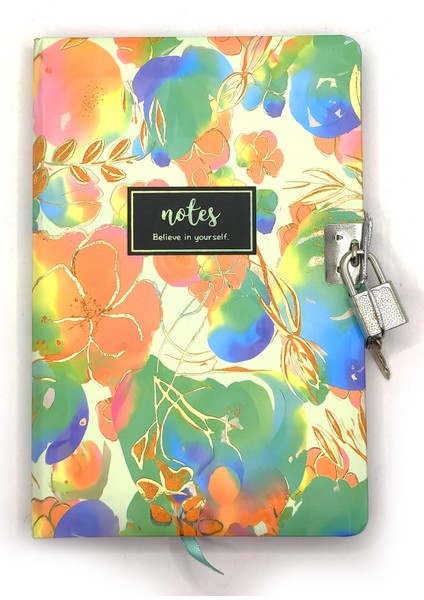 Çiçek Ebru Desen Hatıra Defteri (Günlük) Kilitli Defter 80 Yaprak - Turuncu