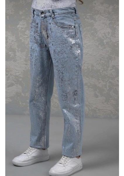 Varak Baskılı Ayarlana Bilir Bel Kız Kot Pantolon - Mavi