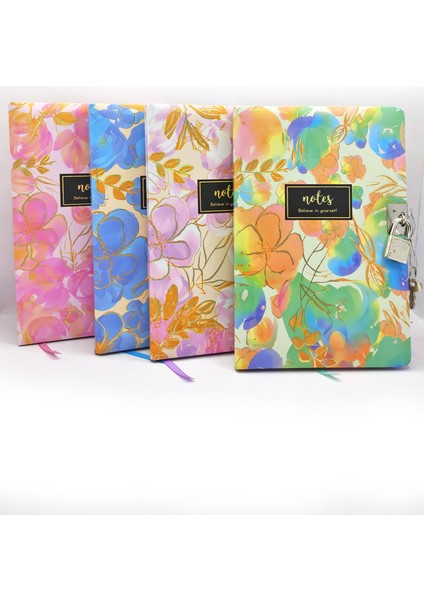 Çiçek Ebru Desen Hatıra Defteri (Günlük) Kilitli Defter 80 Yaprak - Turuncu