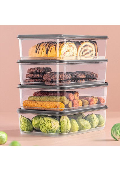 4'lü 1,75 Litre Buzdolabı Düzenleyici Organizer Mikrodalgaya Uygun Difriz Saklama Kabı Gri
