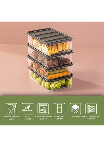 4'lü 1,75 Litre Buzdolabı Düzenleyici Organizer Mikrodalgaya Uygun Difriz Saklama Kabı Gri