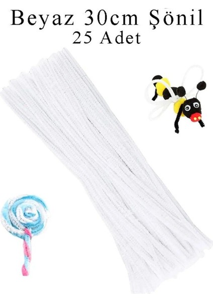 Beyaz Renkli Şönil, 25 Adet Eğitici Şönil Seti, Tüylü Tel, 30 Cm, Peluş Tel modelleri