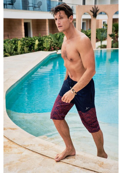 Desenli Lacivert Kırmızı Erkek Uzun Erkek Havuz ve Deniz Şortu 245