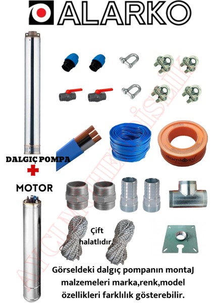 4sd4/18 2 Hp Alarko 35 mt Yassı Kablolu 70 mt Halatlı Çift Vanalı Akıtma Başlıklı Trifaze Takım Dalgıç Pompa
