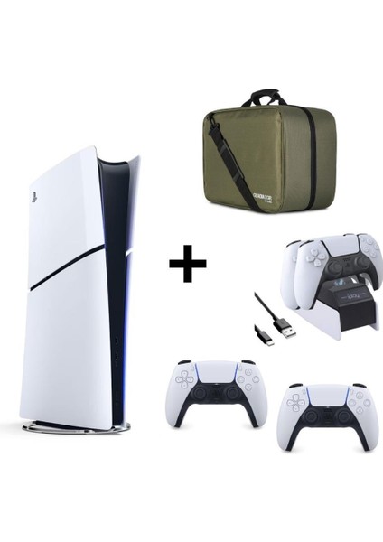 Playstation 5 Dijital Slim + 2 Dualsense + Yeşil Playstation Çantası + Şarj Istasyonu