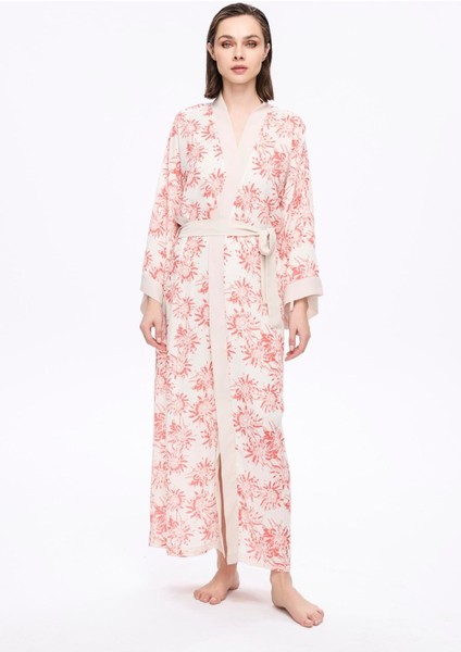 Pembe Çiçek Desenli Uzun Kimono 5043