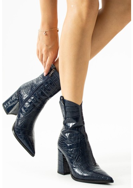 Kadın Hakiki Deri Kroko Bot Lacivert