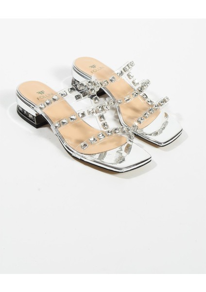 Kadın Hakiki Deri Taş Detaylı Terlik Gümüş modelleri