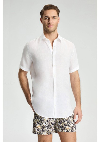 Kısa Kollu Saf Keten Beyaz Gömlek fiyatları