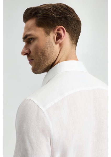 Kısa Kollu Saf Keten Beyaz Gömlek fırsatları