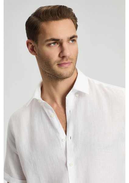 Kısa Kollu Saf Keten Beyaz Gömlek indirimleri