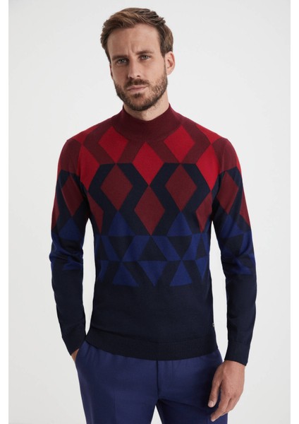 Extrafine Merino Desen Lupetto Yaka Lacivert Triko