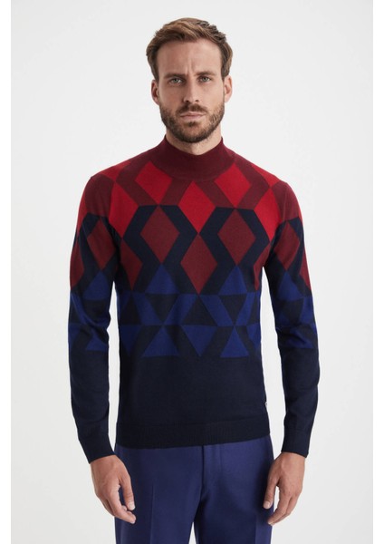 Extrafine Merino Desen Lupetto Yaka Lacivert Triko modelleri