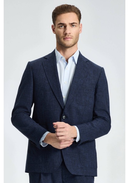 Yün-Pamuk Karışım Lacivert Yazlık Blazer Ceket