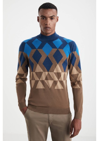 Extrafine Merino Desenli Lupetto Yaka Tütün Rengi Triko modelleri