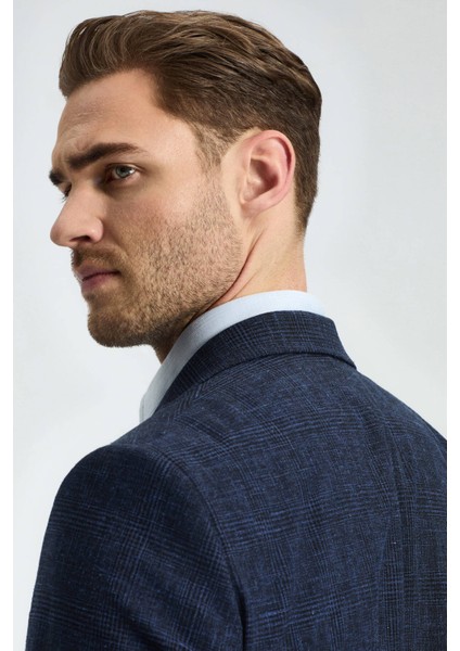 Yün-Pamuk Karışım Lacivert Yazlık Blazer Ceket
