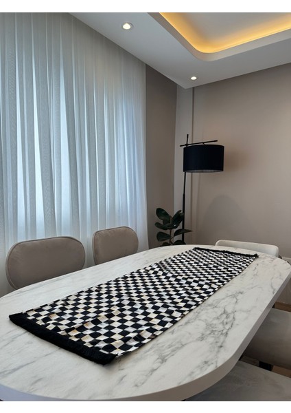 Siyah Püsküllü Alevli Damalı Runner , 135 x 43 Runner