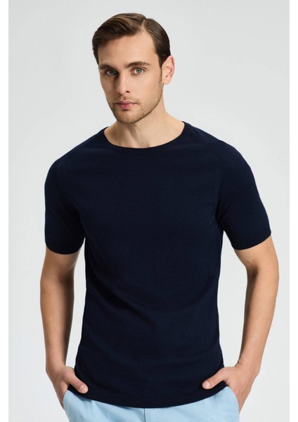 Bisiklet Yaka Lacivert Giza Pamuk Triko T-Shirt