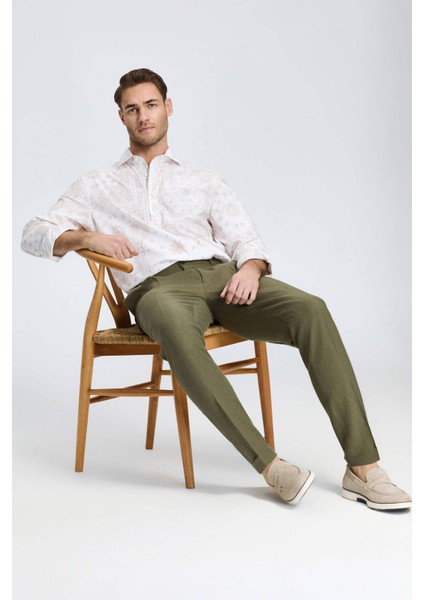 Saf Keten Haki Pileli Pantolon