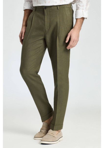 Saf Keten Haki Pileli Pantolon fiyatları