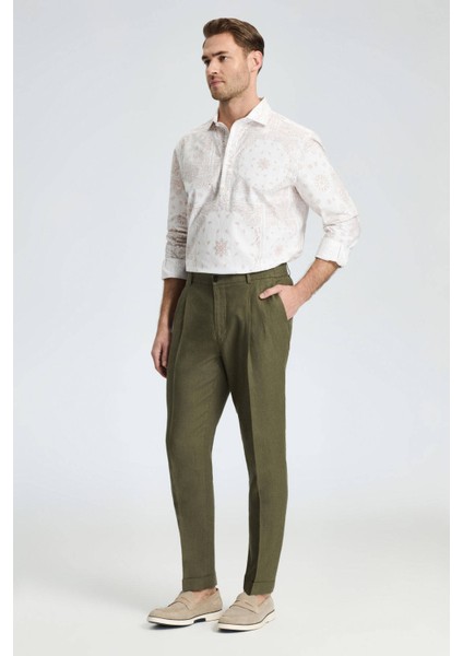 Saf Keten Haki Pileli Pantolon modelleri