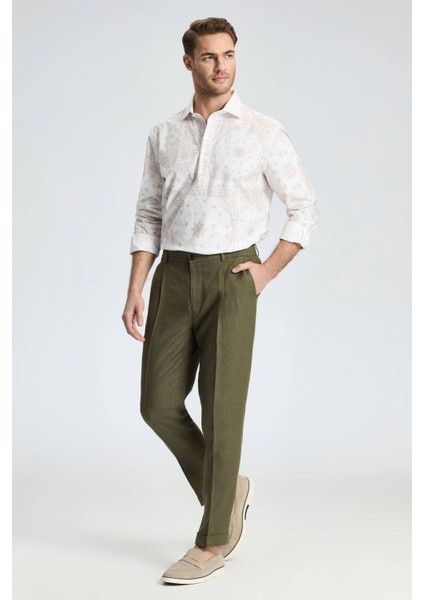 Saf Keten Haki Pileli Pantolon fırsatları