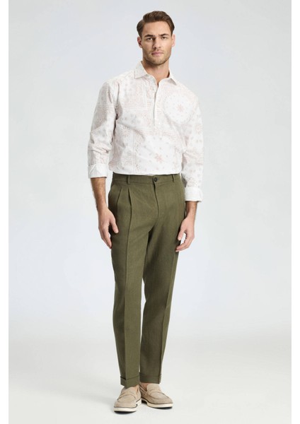 Saf Keten Haki Pileli Pantolon indirimleri