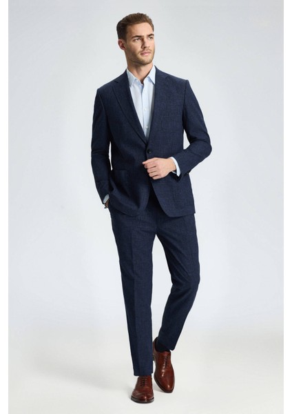Yün-Pamuk Karışım Lacivert Yazlık Blazer Ceket