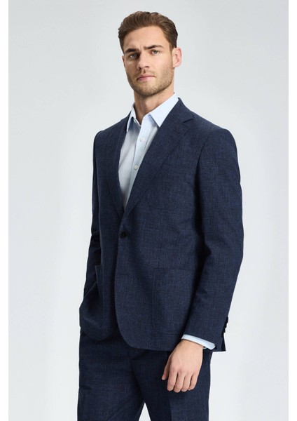 Yün-Pamuk Karışım Lacivert Yazlık Blazer Ceket