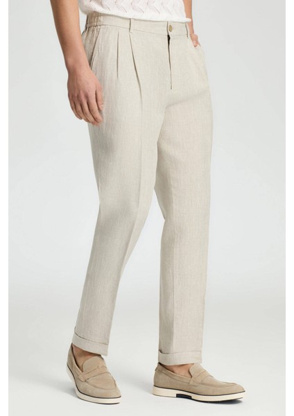 Saf Keten Krem Rengi Pileli Pantolon