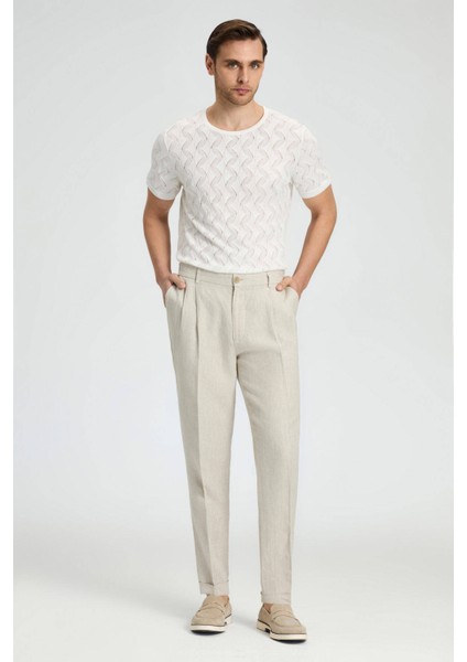 Saf Keten Krem Rengi Pileli Pantolon modelleri