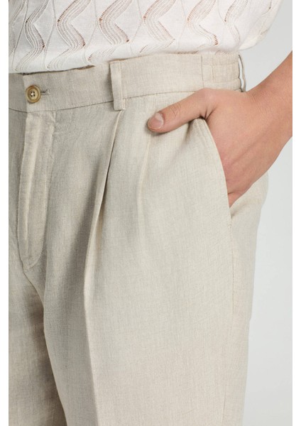 Saf Keten Krem Rengi Pileli Pantolon fırsatları