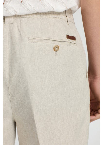 Saf Keten Krem Rengi Pileli Pantolon indirimleri