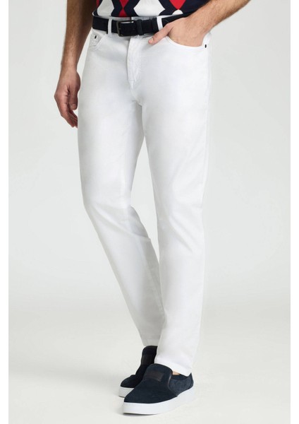 Pamuk Karışım Slim Fit 5 Cep Beyaz Chino Pantolon fiyatları