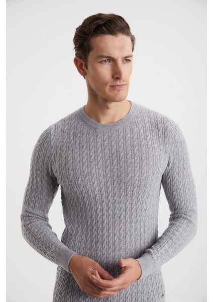 Saç Örgü Desen Lambswool Açık Gri Kazak