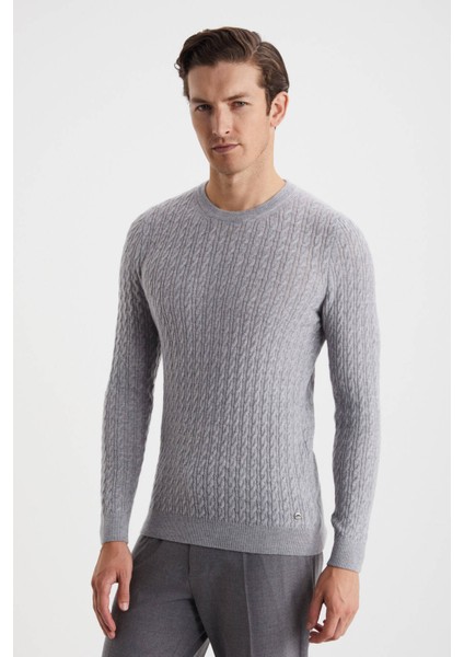 Saç Örgü Desen Lambswool Açık Gri Kazak