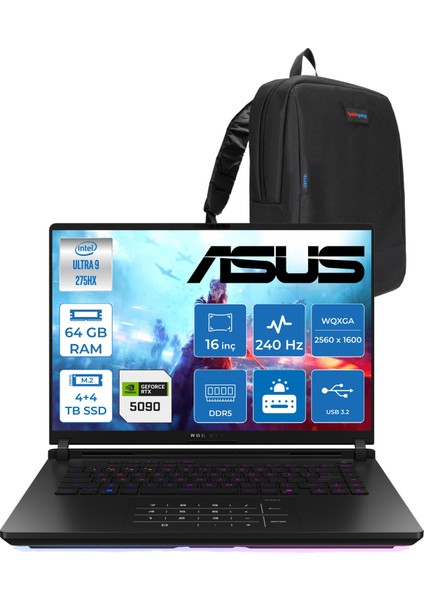 Rog Strix Scar 16 G635LX-RW145 Ultra 9 275HX Aı 64GB GB 4tb Ssd+4tb SSD 24GB/RTX5090 Gddr7 175W 16" Wqxga 240Hz 3ms 1200NITS Freedos Gaming Laptop WRWF14532+ZETTAÇANTA
