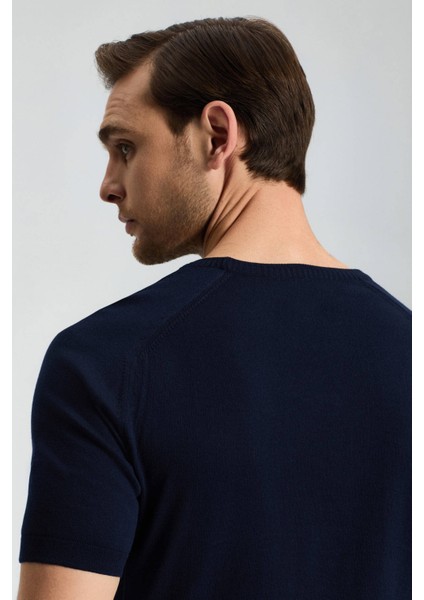 Bisiklet Yaka Lacivert Giza Pamuk Triko T-Shirt