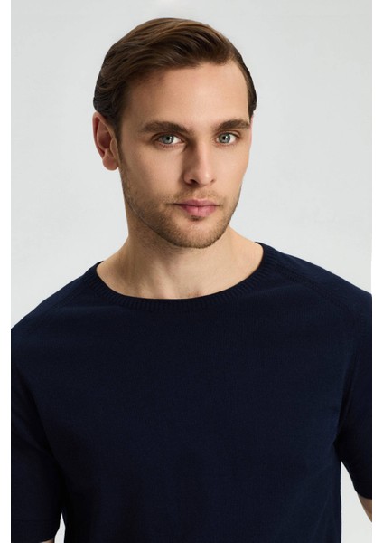 Bisiklet Yaka Lacivert Giza Pamuk Triko T-Shirt