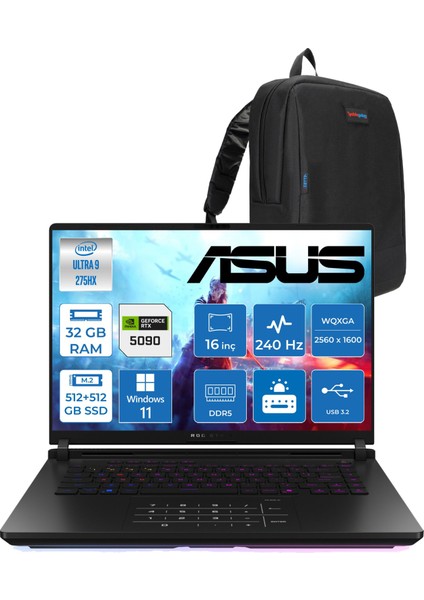 Rog Strix Scar 16 G635LX-RW145 Ultra 9 275HX Aı 32GB GB 512GB SSD+512GB 24GB/RTX5090 Gddr7 175W 16" Wqxga 240Hz 3ms 1200NITS Windows 11 Home Gaming Taşınabilir Bilgisayar WRW14510+ZETTAÇANTA