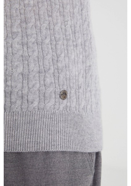 Saç Örgü Desen Lambswool Açık Gri Kazak
