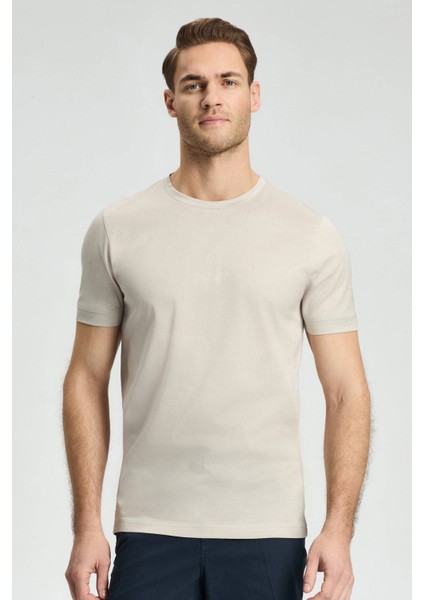 Baskılı Merserize Pamuk Açık Bej Bisiklet Yaka T-Shirt