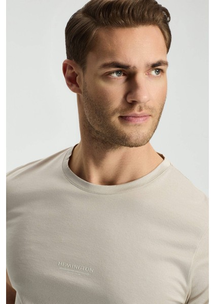 Baskılı Merserize Pamuk Açık Bej Bisiklet Yaka T-Shirt modelleri